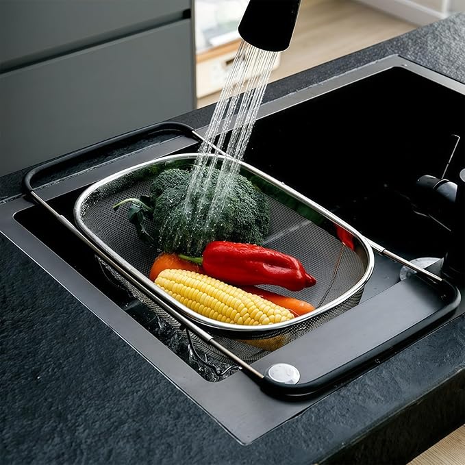 Over The Sink Colander 6 Quart Stainless Steel Fine Mesh Strainer Basket & Expandable Rubber Grip Handles - Strain, Drain, Rinse Fruits, Vegetables