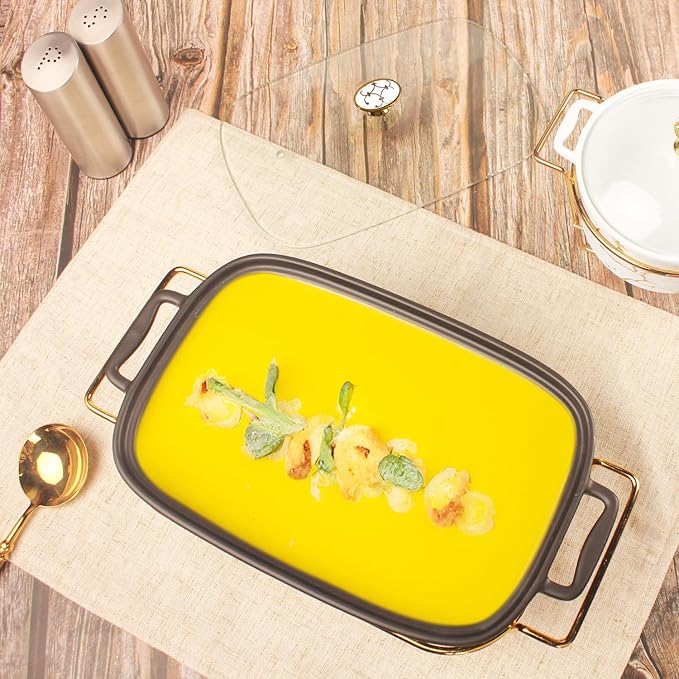 10" x 7" Ceramic Rectangular Casserole Dish with Glass Lid and rack, 1.3 Quart Serving Soup Tureen,Chafing Dish for Buffet, Family Food preserve Tray, Catering for Party Style, Black