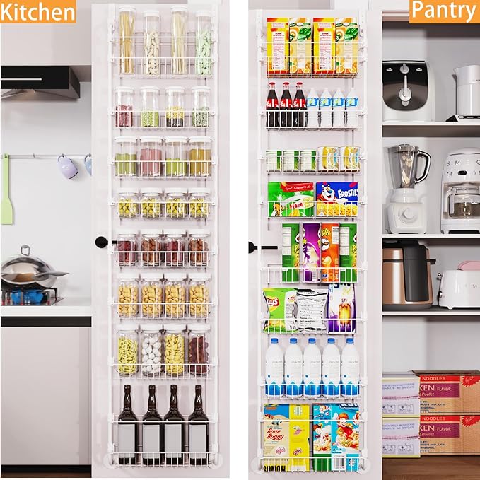 8-Tier Over The Door Pantry Organizers, Pantry Door Organizer and Storage with Adjustable Baskets,Heavy-Duty Metal Spice Rack,essential kitchen and home Shelves (white)