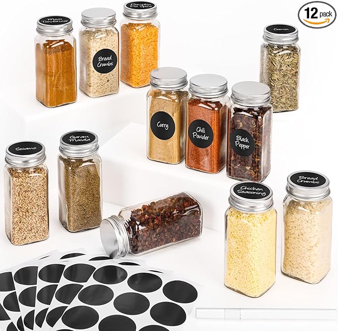 12Pcs Spice Jars with Label, 4oz Empty Square Seasoning Containers, Spice Jars with Shaker Lids, Small Spice Bottles for Salt, Herbs, Sugar, Pepper, Seasoning Jars for Spice Rack, Cabinet, or Drawer