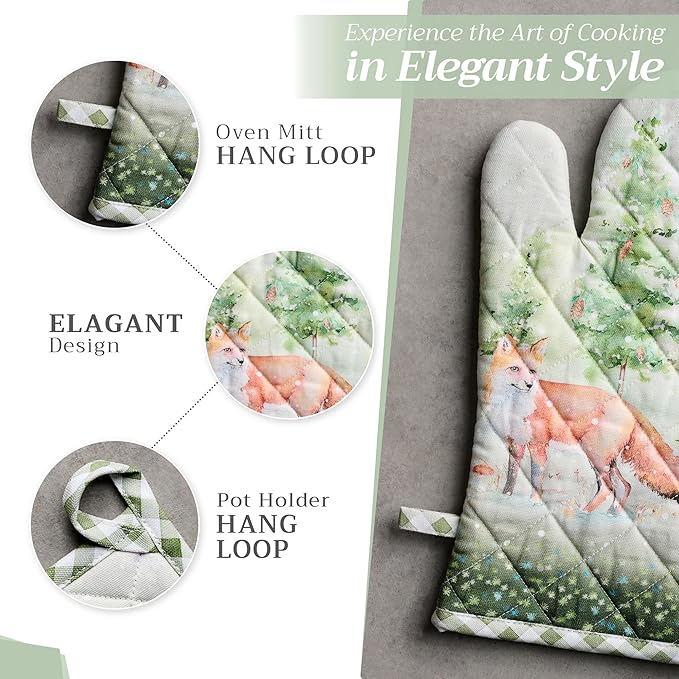Maison d' Hermine 100% Cotton Oven Mitt & Pot Holder Set (7.5"x13" & 8"x8") Heat Resistant BBQ Cooking Gloves with Loop, Baking, Grilling, Kitchen, Handling Hot Pans (Winter Mornings)