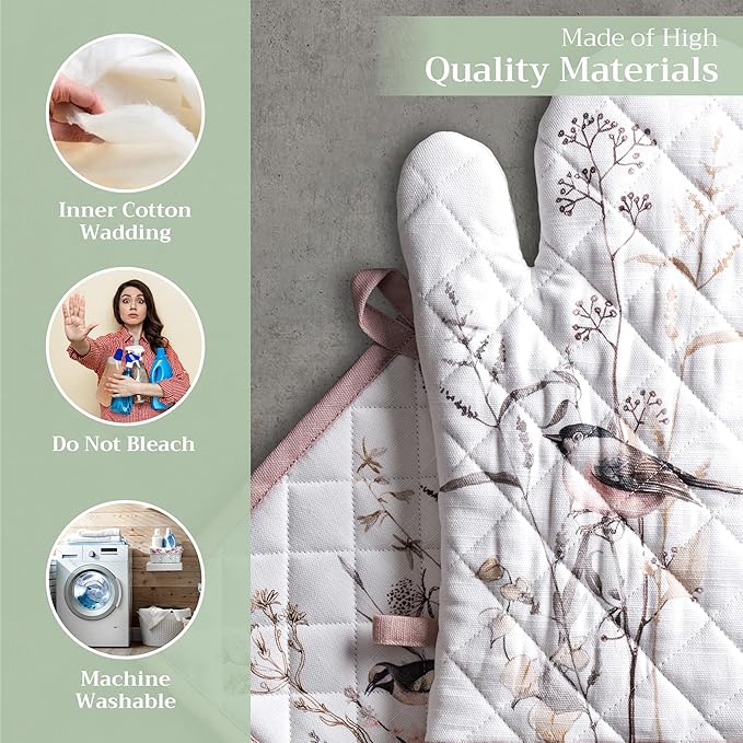 Maison d' Hermine 100% Cotton Oven Mitt & Pot Holder Set (7.5"x13" & 8"x8") Heat Resistant BBQ Cooking Gloves with Loop, Grilling, Kitchen, Handling Hot Pans Spring/Summer (Meadow Florals - Brown)