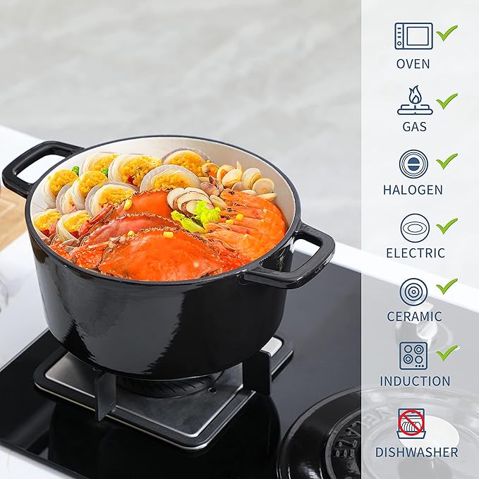 Velaze 6 QT Enameled Cast Iron Dutch Oven, Dual Handles Dutch Oven Pot with Lid,Heavy-Duty Non-stick Round Dutch Oven for Bread Baking, Stewing, Roasting, Good Sealing for All Heat Source (BLACK)