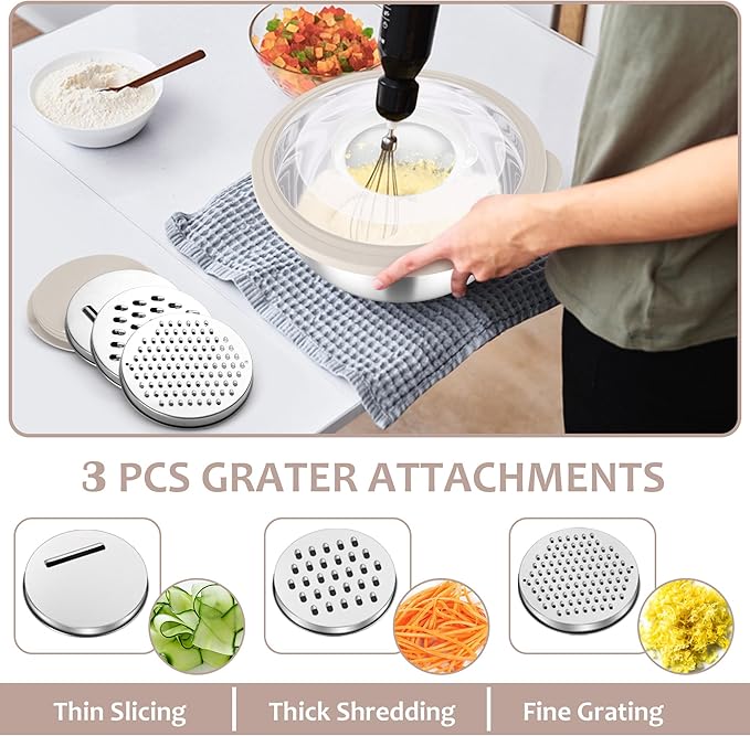 E-far Colander with Mixing Bowl Set, 4-1 Stainless Steel Colander Strainers Bowl with Graters for Kitchen, Rotatable Food Strainer Bowl for Rinsing Fruits Vegetables/Draining Pasta - Khaki
