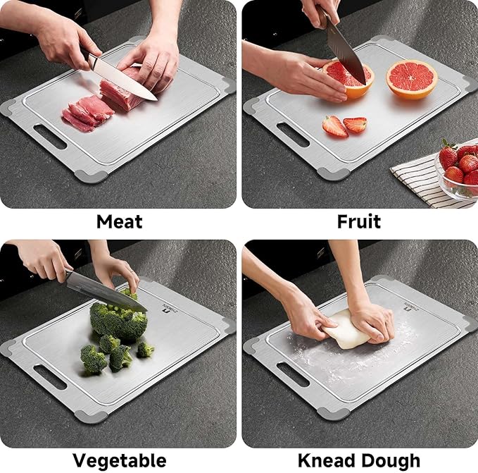 100% Pure Titanium Cutting Board with Grooves, Update Double Side Titanium Chopping Board, Silicone Anti-slip Stainless Cutting Boards for Kitchen 10 * 14 IN, Grey