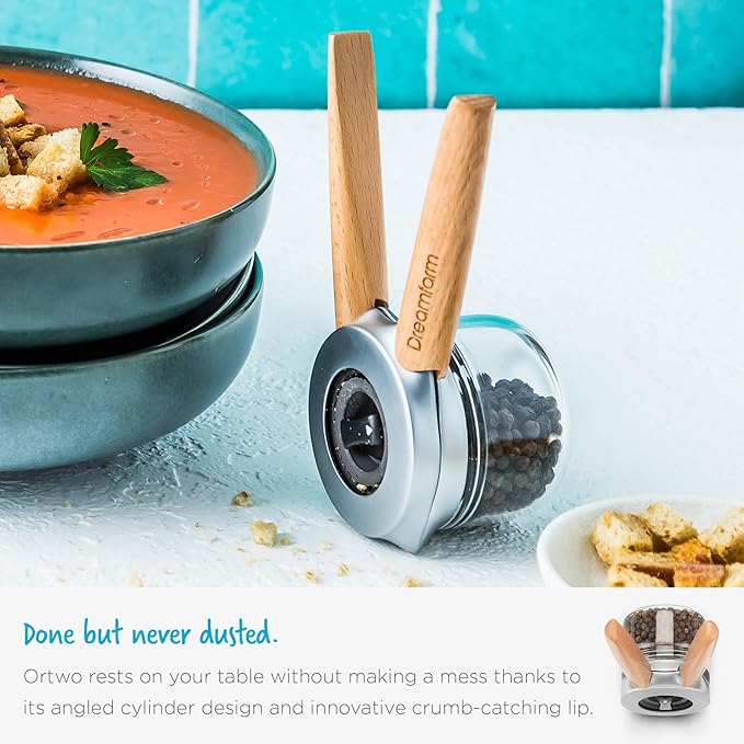 Dreamfarm Ortwo Original Ergonomic 1-or-2-Handed Re-Fillable Pepper, Spice, Seed, Coffee Mill with 6 Grind Settings - 2oz Beechwood