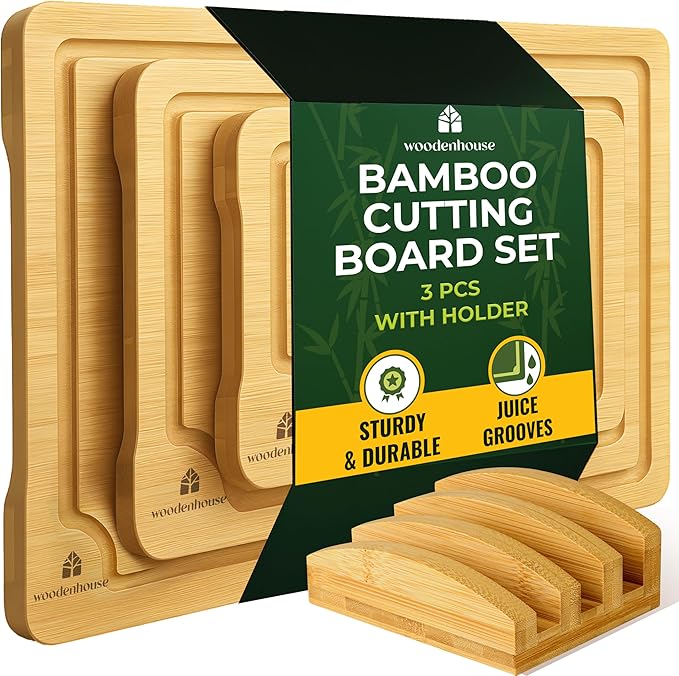 Bamboo Cutting Board Set of 3 with Holder, Light Color, Durable & Eco-Friendly, Perfect for Chopping, Serving, and Food Prep - Wooden Cutting Boards for Kitchen, Wood Cutting Board