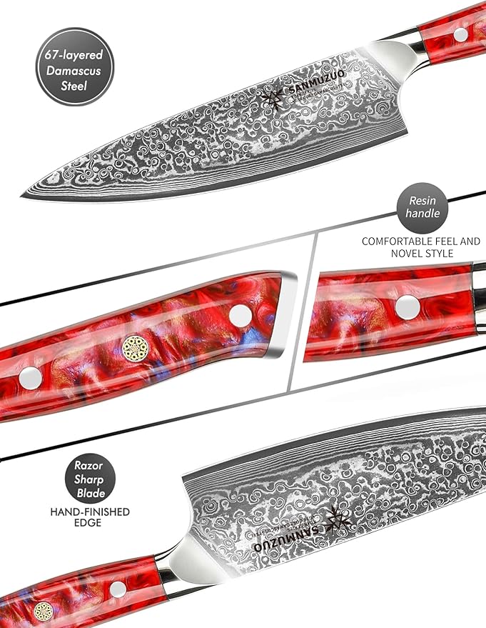 Chef Knife - 8 inch - Xuan Series - VG10 Damascus Steel Kitchen Knife - Resin Handle (Sunset Red)