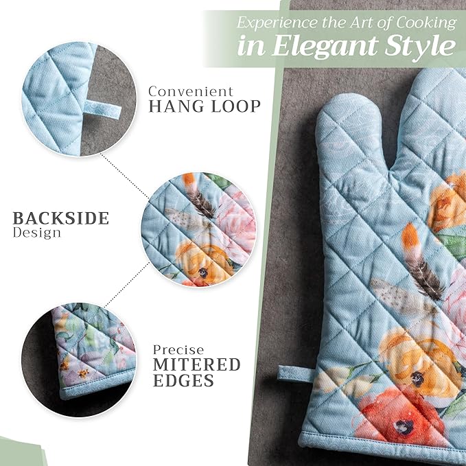 Maison d' Hermine 100% Cotton Oven Mitt & Pot Holder Set (7.5"x13" & 8"x8") Heat Resistant BBQ Cooking Gloves with Loop, Baking, Grilling, Kitchen, Handling Hot Pans Spring/Summer (Ibiza)