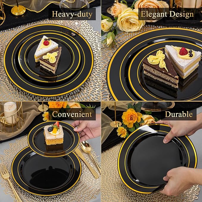 WDF 200PCS Black and Gold Plastic Plates - Black Plates Disposable for Party - Heavy Duty Plastic Plate for Halloween/New Year