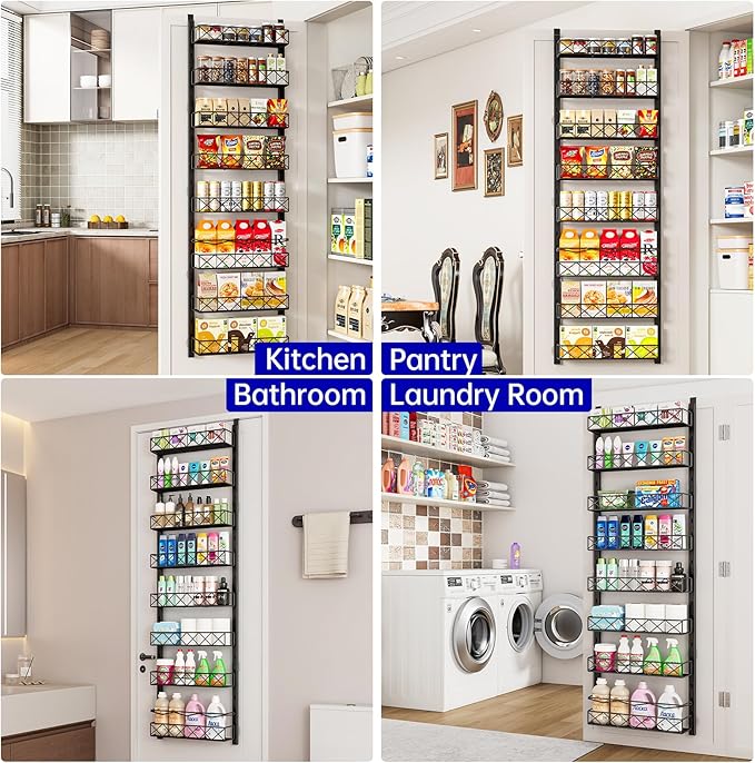 MIAOLI Over the Door Organizer, Black 8-Tier Pantry Door Organizer with Adjustable Basket, Hanging Spice Rack Cabinet Door Shelves, Laundry Room Organization and Storage