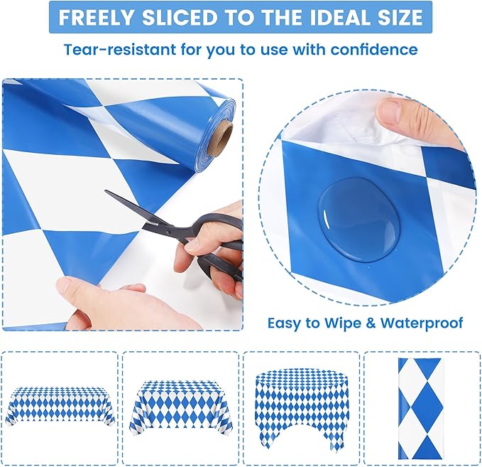 100 Ft x 54 Inch Oktoberfest Plastic Tablecloth Roll with Slide Cutter Box Disposable Bavarian Blue & White Argyle Design, Waterproof Blue Diamond Table Cover for Festivals Events Party Decor