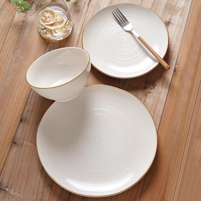 famiware Tempus Plates and Bowls Sets for 8, 24 Pieces Stoneware Dinnerware Sets, Dishes Set, Reactive Glaze Dishware Sets, Dishwasher & Microwave Safe - Antique White