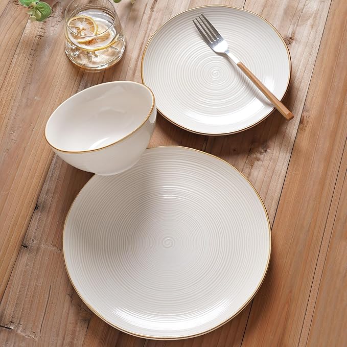 famiware Tempus Plates and Bowls Sets for 6, 18 Pieces Stoneware Dinnerware Sets, Dishes Set, Reactive Glaze Dishware Sets, Dishwasher & Microwave Safe - Antique White