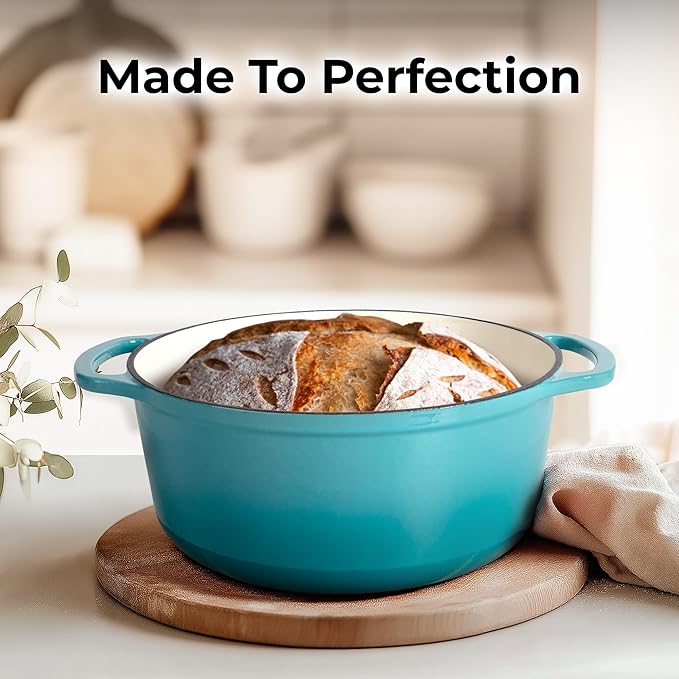 Zulay Kitchen 7.7 Quart Enameled Cast Iron Dutch Oven with Lid, Silicone Trivet & Heat Pad – Premium Durability & Oven Safe up to 500°F – Heavy Duty Cookware Perfect for Bread Baking, Stews, Braising & Roasting – Light Blue