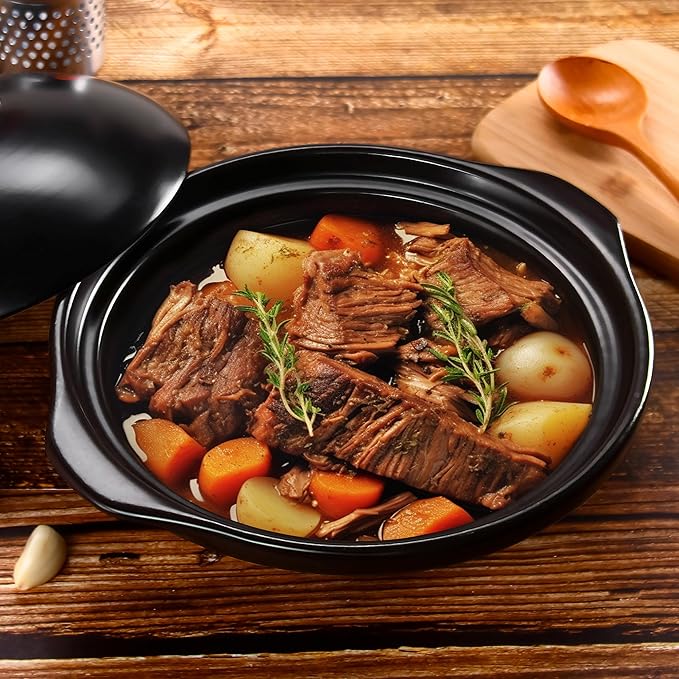 Ceramic Cooking Pot Clay Pot with Lid Heat-resistant Shallow Casserole, Paella Pan for Kitchen - 20 oz, Dishwasher Safe