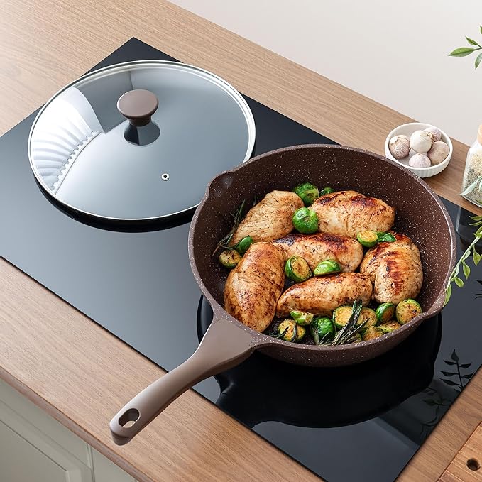 SENSARTE Nonstick Deep Frying Pan Skillet, 12-inch Saute Pan with Lid, Stay-Cool Handle, Healthy Cookware Cooking Pan with Cover, Induction Compatible (Toffee Brown)