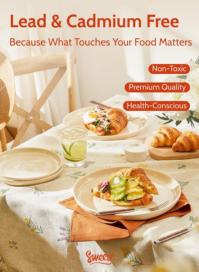 Sweese Porcelain Dinner Plates Set - 10 Inch Beige Round Dishes, 6-Pack, for Salad Serving, Scratch Resistant, Oven, Microwave Safe