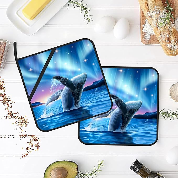 Whale with Aurora on Starry Pot Holders 2 PCS for Kitchen, Heat Resistant Hot Pads for Cooking Grilling Baking BBQ, Pot Holders for Women Cook Essentials Accessories Home Microwave