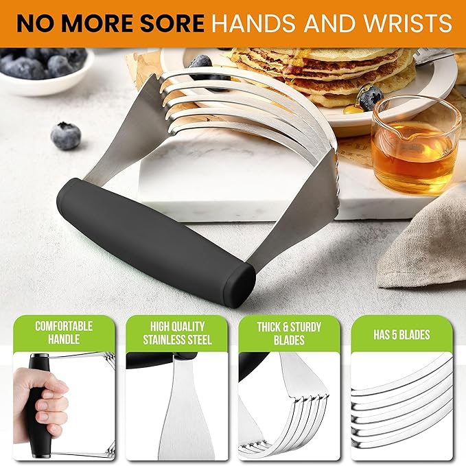 Spring Chef Dough Blender For Baking, Heavy Duty Dough Cutter Tool, Stainless Steel Pastry Cutter Tool with Sharp & Sturdy Blades, Pastry Blender for Easy Mixing, Dishwasher Safe - XL Size - Black