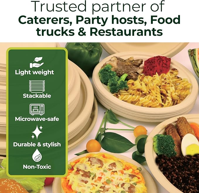 Dtocs Bamboo Fiber Plates 10 Inch Round (50 Pcs) | Bamboo Plate Disposable Dinnerware Set for Party, Dinner, BBQs, Wedding | Sustainable Platter for Hot, Cold Food | Alt to Plastic, Wood, Paper Plates