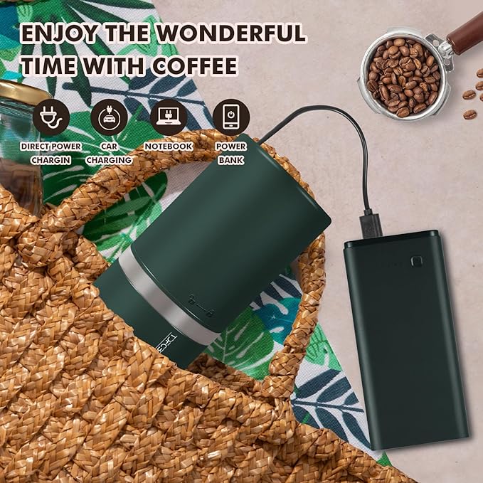 Portable Electric Coffee Grinder Stainless Steel Conical Burr Coffee Grinder with 45 Adjustable Settings Rechargeable Coffee Bean Grinder with LED Display for Home, Travel, Camping, Office-Dark Green