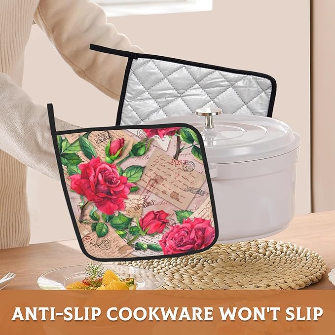 2 Pack Vintage Red Roses Pot Holders for Kitchen Heat Resistant, Potholders for Kitchens Washable for Cooking & Baking & Microwave