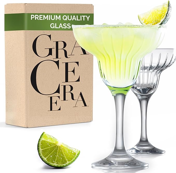 Margarita Glasses with Stem - Crystal Glassware for Bar - Aqua Rim Margarita Glass - Modern Bar Glass for Martini, Cocktail, Water, Wine, Mixing Cocktails, Gin and Tonic Glasses - Set of 2 - 10 oz