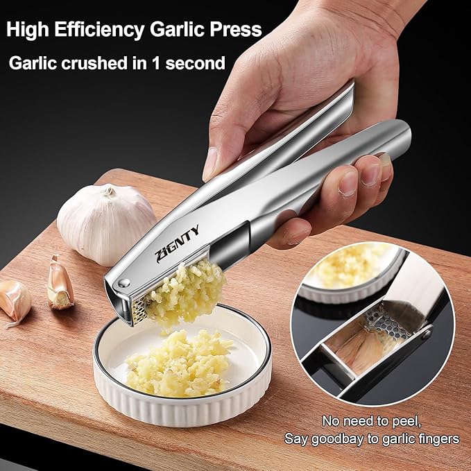 Garlic Press Stainless Steel,Premium Garlic Mincer Tool,No Need to Peel Garlic Ginger Crusher & Masher Easy Squeeze Large Trough Ergonomic Handle,Rust Proof,Dishwasher Safe (5 Years Warranty)