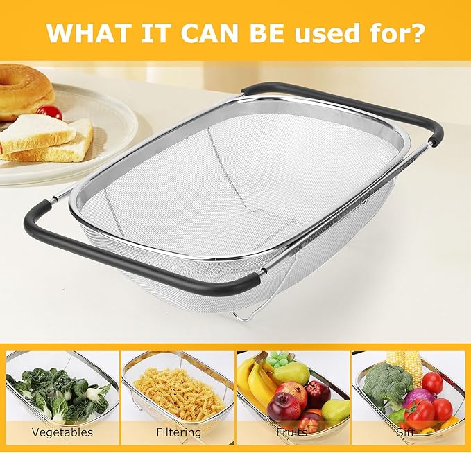 ZDRongZhen Kitchen Accessories Over the Sink Colander Strainer Basket,Stainless Steel Colander with Expandable Rubber Grip Sink Drainer-Rinse Vegetables Fruits &Strain&Drain (Large-Fine mesh)