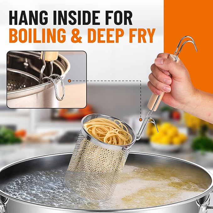 2 Pack Pasta Basket, Stainless Steel Mesh Noodle Strainer Basket with Wooden Handle, for Boiling Food, Pasta, Noodles, Dumpling, Ramen, 4.3''D x 5.7''H
