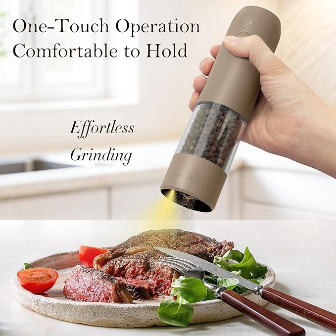 Ultrean Electric Pepper Grinder, Rechargeable Salt and Pepper Grinder with 6 Adjustable Coarseness, LED Light, One-Hand Automatic Operation, Brown&Cream