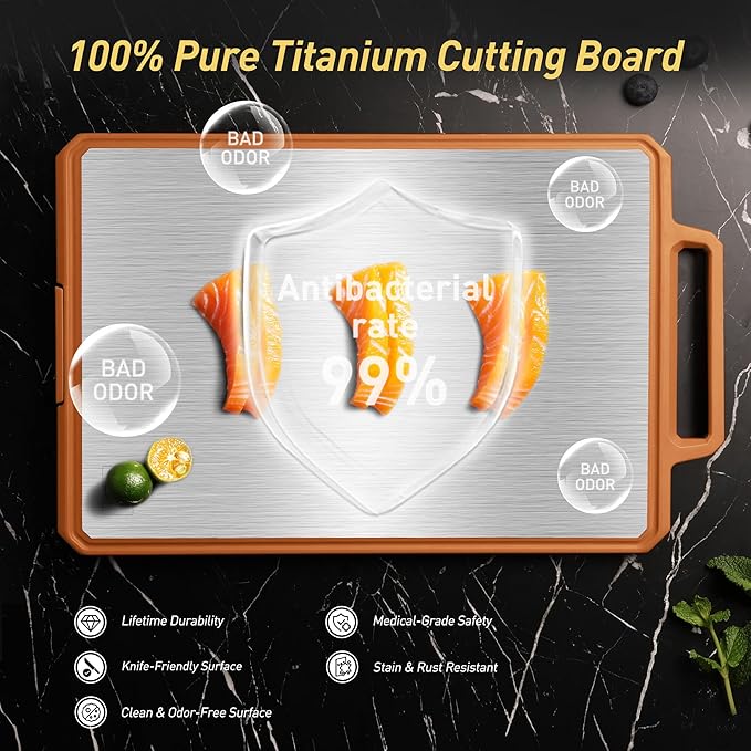 Titanium Cutting Boards for Kitchen Chopping Board with Handle Large Big Small Kitchen Meat Butcher Block 2 in 1 Pure Titanium and Wheat Straw PP Not Wood Bamboo Plastic Silicone Teak Morandi Orange