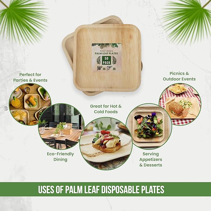 Palm Leaf Plates 10 Inch (50-Pack), Square Bamboo Plates Disposable, Heavy Duty Compostable & Biodegradable Wooden Plates for Party, Catering Events, Weddings, & Dinnerware