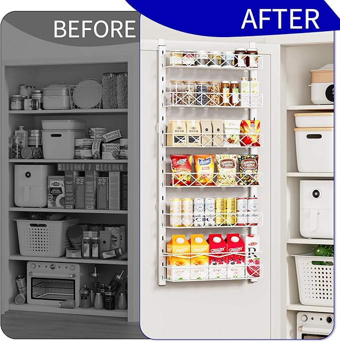 MIAOLI Over the Door Organizer, White 6-Tier Pantry Door Organizer with Adjustable Basket, Hanging Spice Rack Cabinet Door Shelves, Laundry Room Organization and Storage