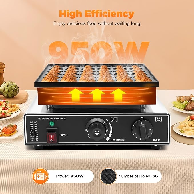 950W Commercial Mini Pancake Maker, 36 Grids Electric Mini Pancake Griddle Non-Stick Stainless Steel Dutch Pancake Maker w/Time & Temper Adjustable|Oil Brushes|Whisk,Large Waffle Machine forRestaurant