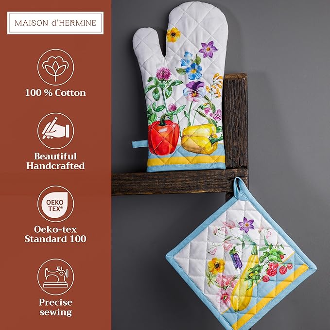 Maison d' Hermine 100% Cotton Oven Mitt & Pot Holder Set (7.5"x13" & 8"x8") Heat Resistant BBQ Cooking Gloves with Loop, Baking, Grilling, Kitchen, Handling Hot Pans Spring/Summer (Giverny)