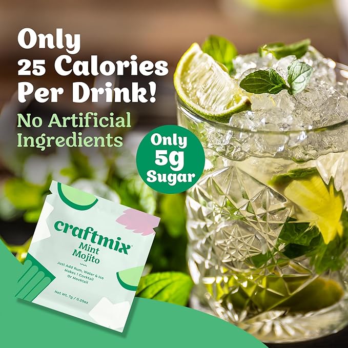 Craftmix Mint Mojito, Makes 12 Drinks, Rum Cocktail Mixers, Instant Skinny Cocktail and Mocktail Mix - Made With Real Fruit - Vegan Low-Carb, Low-Sugar, Non-GMO, Dairy Free, Gluten Free, Easy to Mix