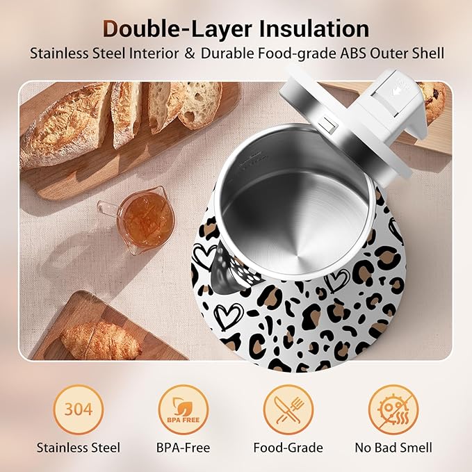 1.2L Double Wall Stainless Steel Interior Water Boiler, Cordless, 1000W Fast Boil with LED Light Coffee Pot & Tea Electric Kettle, Auto Shut-Off and Boil-Dry Protection (Personalized leopard)
