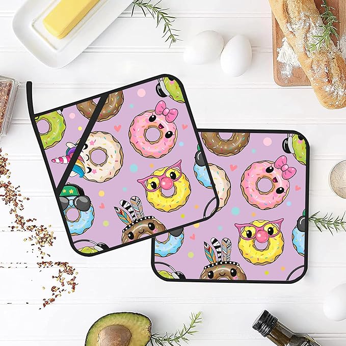 Cute Cartoon Donut Pot Holders Set of 2 - Heat Resistant Oven Hot Pads for Cooking, Baking, BBQ Gifts for Women