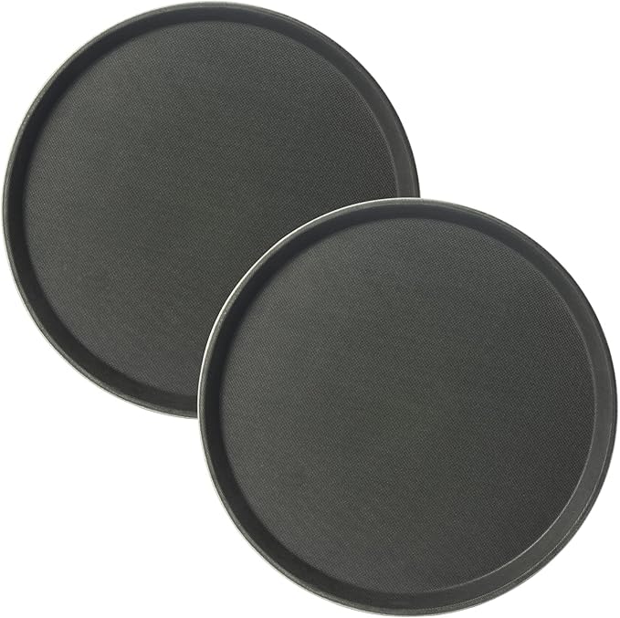 CURTA 2-Pack Restaurant Grade Non-Slip Tray, NSF, 16 Inch, Plastic Rubber Lined Round Serving Tray, Black