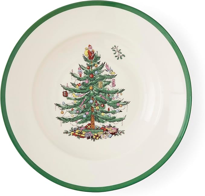 Spode Christmas Tree 9" Soup Plate (Set of 4) - Stoneware Soup Bowls with Festive Tree Design & Green Rim, Ideal for Serving Soup, Pasta, Salad - Microwave & Dishwasher Safe Holiday Dinnerware