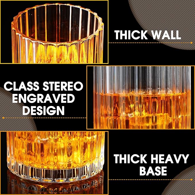 12 Pieces Old Fashioned Whiskey Glasses 10 oz Bourbon Cocktail Rocks Glasses for Whiskey Bourbon Liquor and Cocktail Drinks Gift for Men Home Bar(Vintage Ribbed)