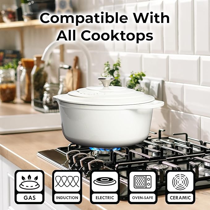 Zulay Kitchen 6 Quart Enameled Cast Iron Dutch Oven with Lid – Premium Durability & Oven Safe up to 500°F – Heavy Duty Cookware Perfect for Bread Baking, Stews, Braising & Roasting – White