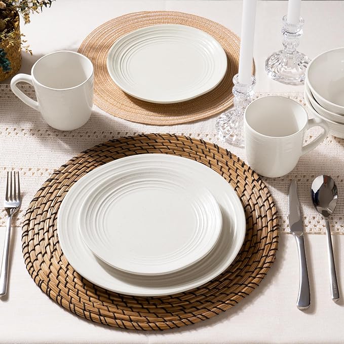 Famiware Plates and Bowls Sets 12-Piece Stoneware Dinnerware Sets, Dishes Set for 4, Speckled Hand-made Reactive Glaze Dish Set, Twilight Series, White