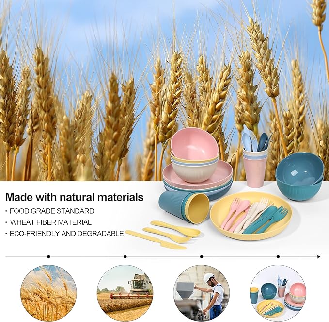 Wheat Straw Dinnerware Sets -DAPIPIK 36 Piece Unbreakable Dinnerware Sets for 6, Wheat Straw Plates and Bowls Set, Lightweight Camping Plates Cups and Bowls Set.Dishwasher Microwave Safe Dinnerware