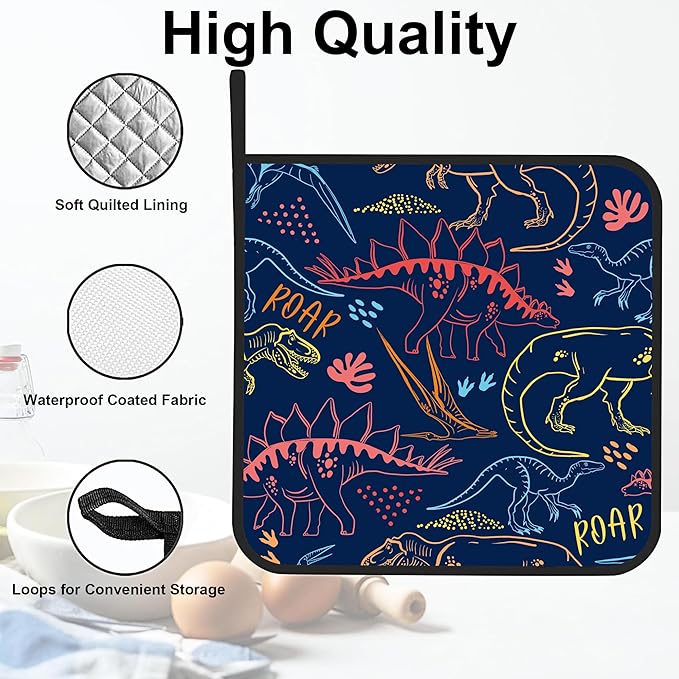 Coloful Dino Silhouette Pot Holders 2 PCS for Kitchen, Heat Resistant Hot Pads for Cooking Grilling Baking BBQ, Pot Holders for Women Cook Essentials Accessories Home Microwave