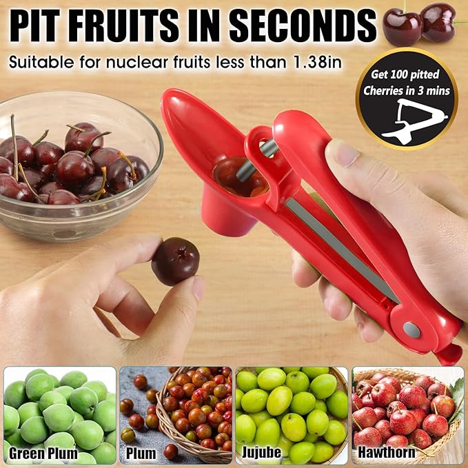 SCHVUBENR Cherry Pitter Tool - Stainless Steel Cherry Corer Pitter with Ergonomic Push Design - Easy to Use for Making Cherry Jam - Pit Cherry with Ease, Saving Time & Space with Lock Design(Red)