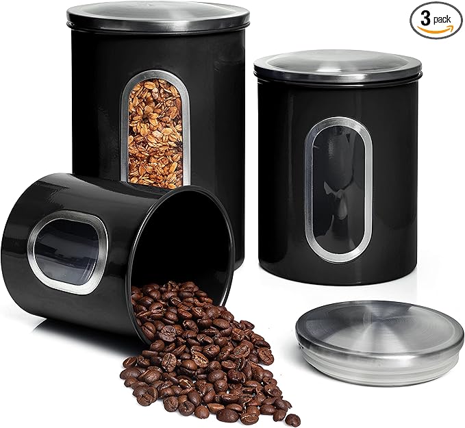 Mixpresso 3-Piece Black Canisters Sets For The Kitchen, Airtight Canister Set With See Through Window, Storage Jars for Coffee Container, Tea Organizer & Sugar Canister, Black Kitchen Canisters