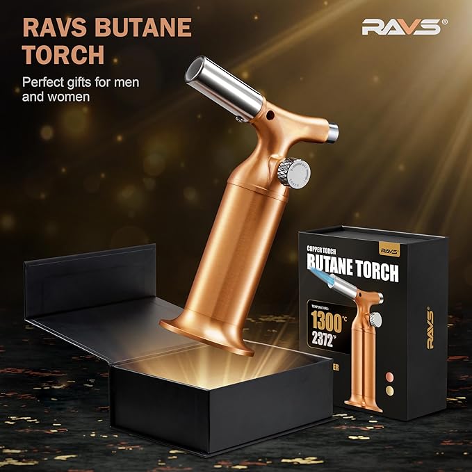 RAVS Butane Torch Lighter with Solid Copper Design, Kitchen Torch Lighter with Adjustable Flame, Refillable Creme Brulee Torch for Cooking, Soldering, Birthday Gifts for Women Men, Butane Not Included